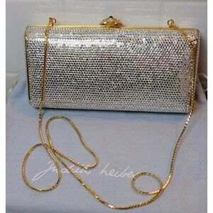 Judith Leiber Swarovski Crystal Rectangle Minaudière Clutch Vintage Silver Gold